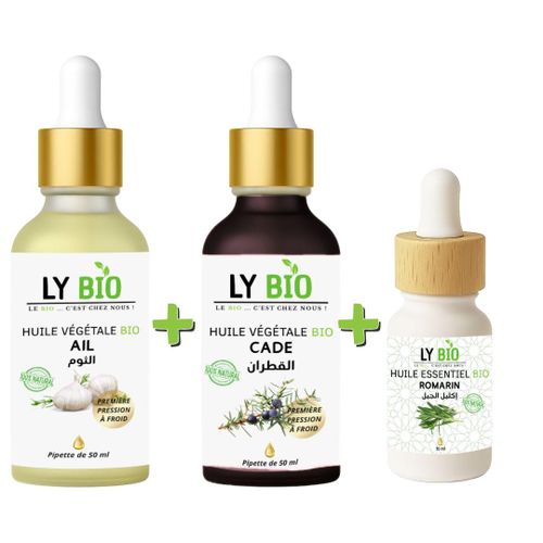 PACK HUILE AIL 50ML - PIPETTE + HUILE CADE 50ML - PIPETTE + HUILE ESSENTIEL ROMARIN 10ML