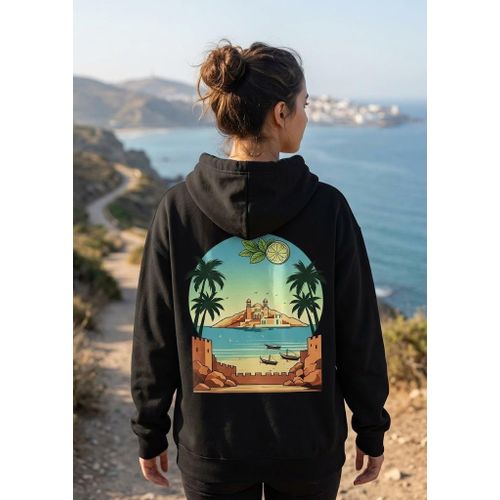 Sweat à capuche noir, 1 pièce seulement, manches longues, imprimé graphique inspiré du Maroc au dos