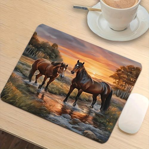 1 Tapis de Bureau Gaming Compatible PC/Ordinateur Portable - Design Élégant Double Cheval au Coucher de Soleil, Tapis de Souris Durable pour Bureau et Ordinateur avec Surface Adaptée au Clavier, Cadeau de Nouvel An/Noël pour Gamers et Professionnels