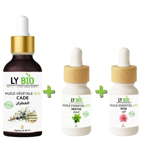 PACK HUILE CADE 50ML - PIPETTE + HUILE ESSENTIEL MENTHE 10ML + HUILE ESSENTIEL ROSE 10ML