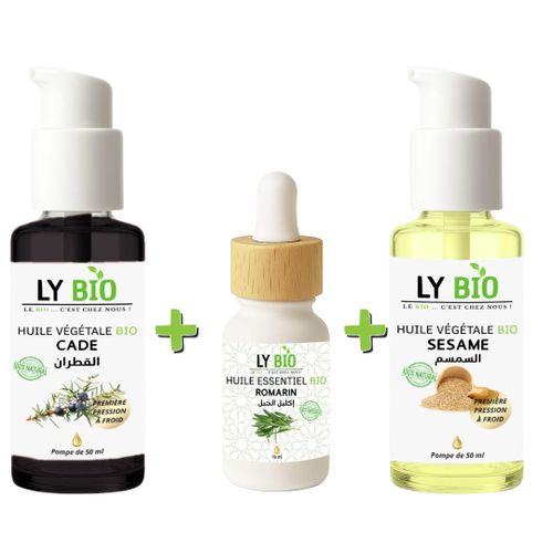 PACK HUILE CADE 50ML - POMPE HUILE ESSENTIEL ROMARIN 10ML HUILE SESAME 50ml - POMPE