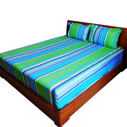 Drap-housse 180x200X37cm Coton 100% +2 Taies d'Oreiller ( Barres bleu-vert )