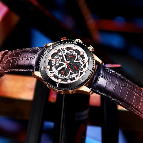 Montre Homme Chronographe Or Rose et Noir Cadran Squelette Bracelet Cuir Dégradé – Édition Originale