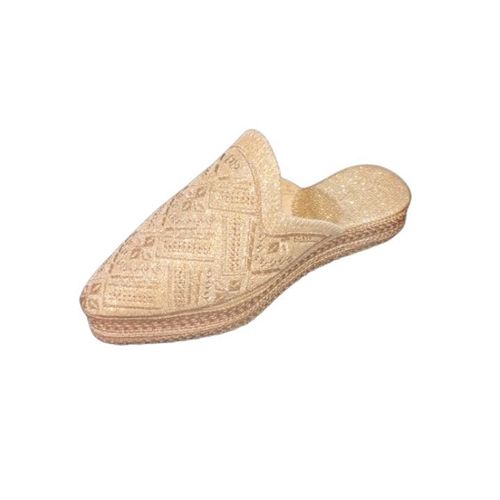 Babouche Cherbil Marocain Traditionnel en Cuir pour Femme - Doré Brillant
