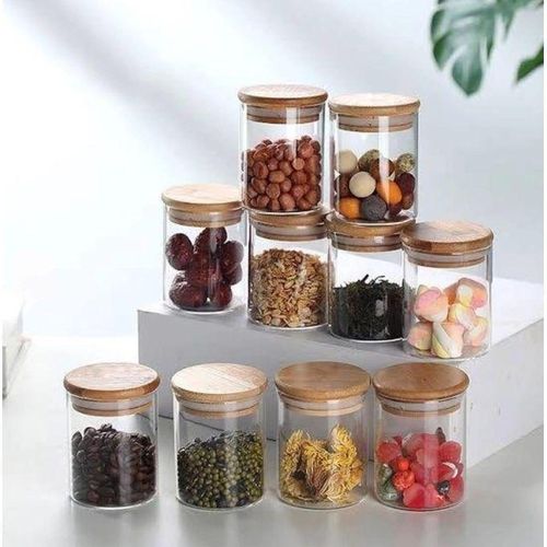 12 Pot de Rangement Cylindrique Hermétique en Verre et Bambou