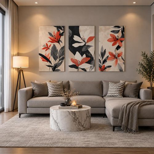 Ensemble de 3 tableaux décoratifs Fleurs Élégantes – Triptyque Floral Abstrait