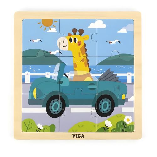 Puzzle en bois - 9 pièces éducatif - Développement moteur pour enfants 18M+ - Motif voiture girafe