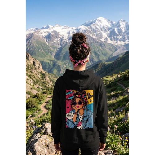 Hoodie noir à capuche, 1 pièce uniquement, motif pop art coloré au dos avec femme aux lunettes, manches longues, style sport casual streetwear