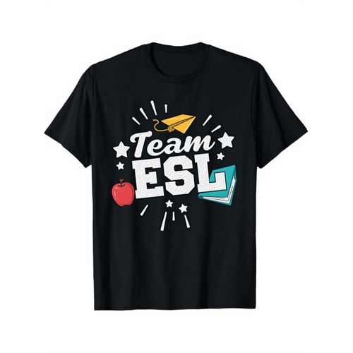 T-shirt durable pour enseignant d'anglais ESL 180Gsm - Logo d'équipe ESL avec globe et livres, T-shirt unisexe à col rond pour enseignants et étudiants d'anglais, confort toute l'année, look décontracté et sportif, T-shirt à manches courtes et col rond