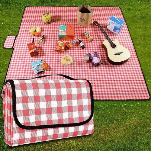 Tapis de Camping imperméable, Couverture de pique-nique, couverture de plage, tapis de pique-nique portable et lavable en machine en tissu Oxford, résistant à l'humidité et épais (rouge et blanc), 2m x 2m.