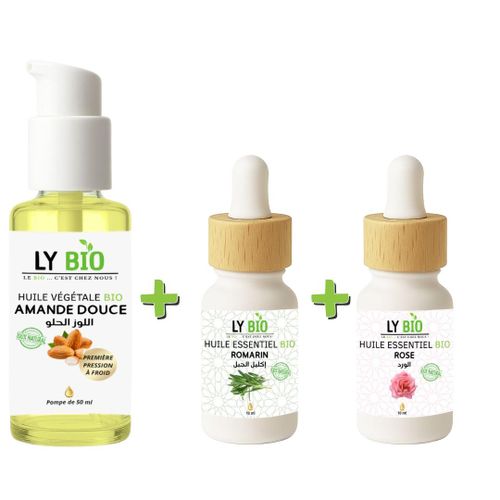 PACK HUILE AMANDE DOUCE 50ml - POMPE + HUILE ESSENTIEL ROMARIN 10ML + HUILE ESSENTIEL ROSE 10ML