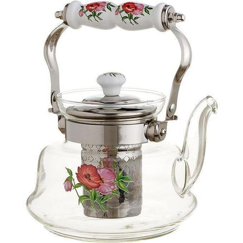 Théière en Verre Résistant à la Chaleur avec Poignée Mobile en Motif Porcelaine 1 litre