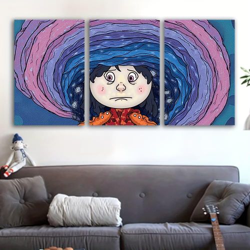 Tableau Mural Art Illustration Fantaisie Fille et Tourbillon Abstrait Violet et Bleu Triptyque 3 Pièces 60 x 40 cm - Toile Canvas HD sur Châssis Bois