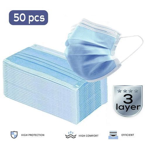 50 bavettes 3 COUCHES de Haute Protection Filtrante avec Barrette nasale.