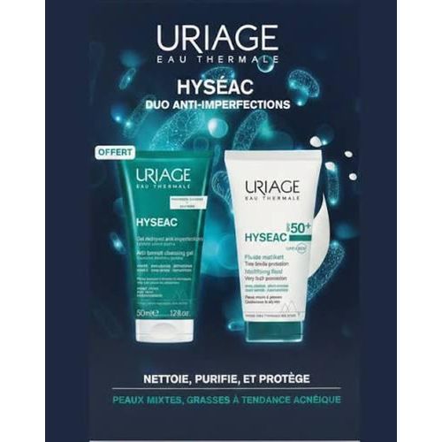 ECRAN SOLAIRE Hyséac –Pack Duo Essentiel Peaux Grasses à Tendance Acnéique : Hyséac Mat SPF 50+ Fluide Hydratant Matifiant & Hyséac Gel Nettoyant Anti-Imperfections (50 ml)