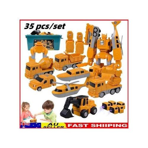 Coffret de Construction Robot 5-en-1 : Véhicules de Chantier et Engins de Secours Transformables (35 Pièces)