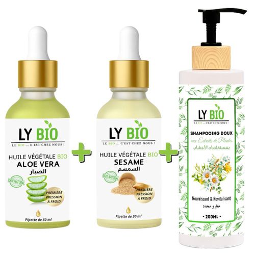 PACK HUILE ALOE VERA 50ml - PIPETTE HUILE SESAME 50ml - PIPETTE SHAMPOOING AUX EXTRAITS DE PLANTES 200ML