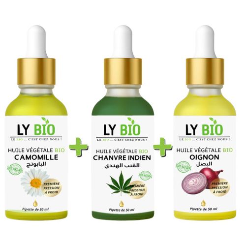 PACK HUILE CAMOMILLE 50ML - PIPETTE + HUILE HYDRATANTE & NUTRITIVE 50ML - PIPETTE + HUILE OIGNON 50ML - PIPETTE