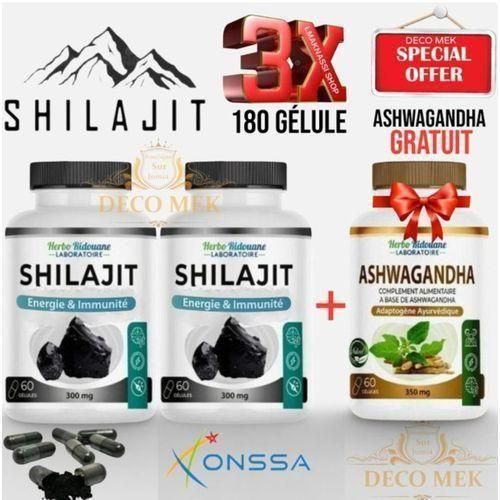 Herbo Ridouane Pack 3 Bouteilles Complément Alimentaire- A'shwagandha 350 mg, 60 Gélules - réduit le stress et soulage les troubles digestifs - Shilajit 300 mg, 120 Gélules, Vitalité & endurance - Anti-stress naturel - désir sexuelle.