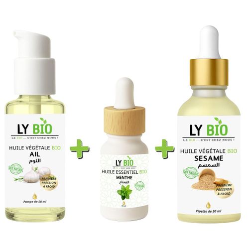 PACK HUILE AIL 50ML - POMPE + HUILE ESSENTIEL MENTHE 10ML + HUILE SESAME 50ml - PIPETTE