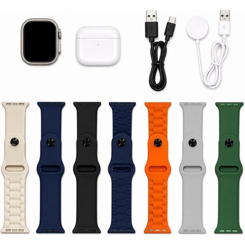 Montre connectée à écran tactile avec kit mains libres sans fil et 7 bracelets en silicone interchangeables – Écran tactile, appels et notifications, compatible avec tous les téléphones (T2000 ULTRA).