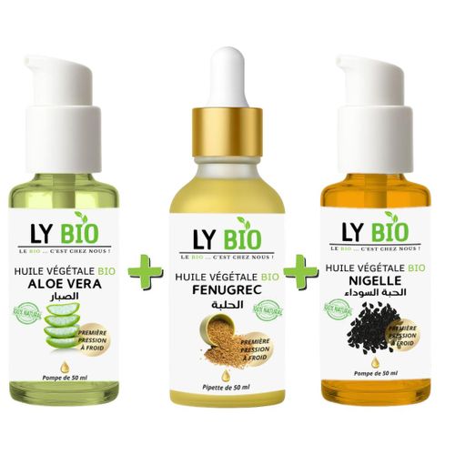 PACK HUILE ALOE VERA 50ml - POMPE + HUILE FENUGREC 50ML - PIPETTE + HUILE NIGELLE 50ML - POMPE