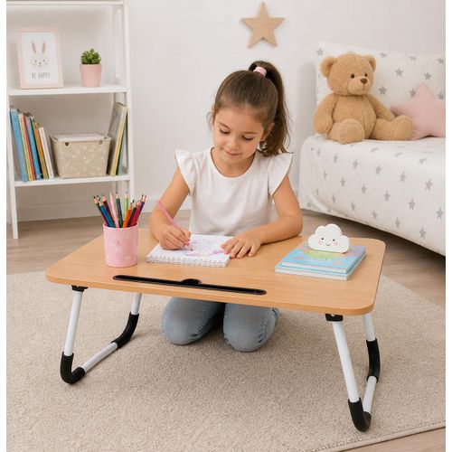 Table de Lit Pliable Multifonction – Support PC Portable, Plateau Petit-Déjeuner et Bureau Enfant avec Porte-Gobelet et Fente Tablette