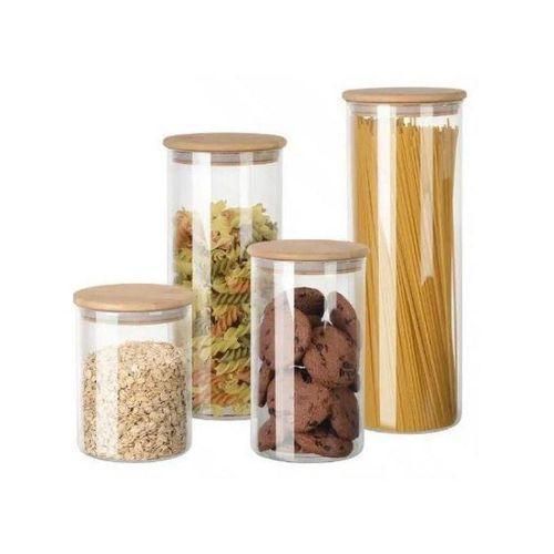 Distributeur d’épices en verre hermétique – Ensemble de 4 bocaux alimentaires avec couvercle en bambou écologique