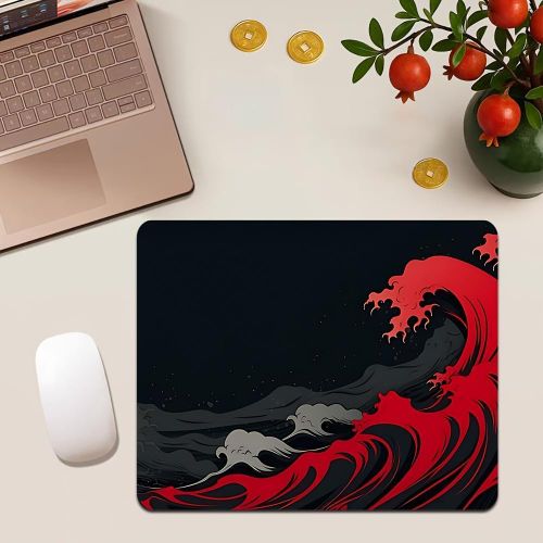Tapis de souris de gaming à motif Ukiyo-e de vague japonaise rouge sur base noire, base en caoutchouc antidérapante, tapis de souris imprimé haute définition, accessoire décoratif universel de bureau pour la maison, le bureau, l'ordinateur portable et l