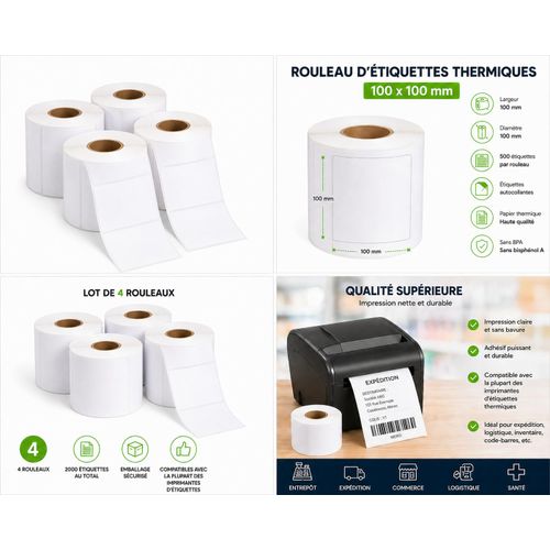 Lot de 4 Rouleaux d’Étiquettes Thermiques 100mm x 100mm – Qualité Professionnelle