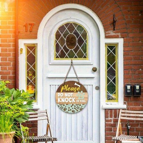 Plaque en Bois de Style Ferme "S'il Vous PlaÃ®t Ne Frappez Pas ou Sonnez" avec Avertissement pour Chien - Décoration Rustique pour Porte d'Entrée, Parfaite pour la Sécurité Ã Domicile et le Sommeil des Enfants, 20.32x20.32 cm, Design Circulaire avec Os