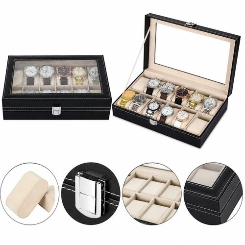 Boîte de Rangement pour 12 Montres de Luxe – Coffret Élégant en Similicuir Noir avec Couvercle Transparent en Verre,Intérieur en Velours Doux,12 Compartiments avec Coussins Amovibles,Fermoir Métallique Sécurisé