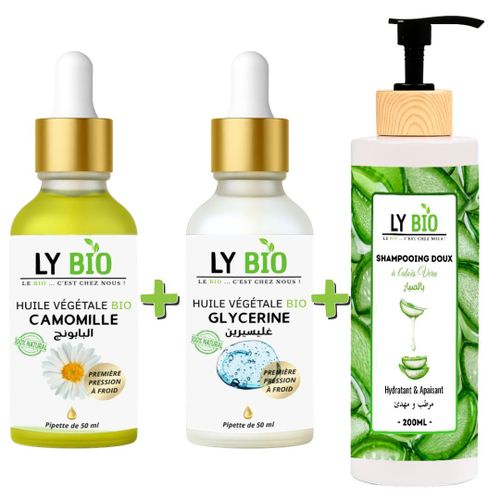PACK HUILE CAMOMILLE 50ML - PIPETTE + HUILE GLYCERINE 50ml - PIPETTE + SHAMPOOING ALOE VERA 200ML