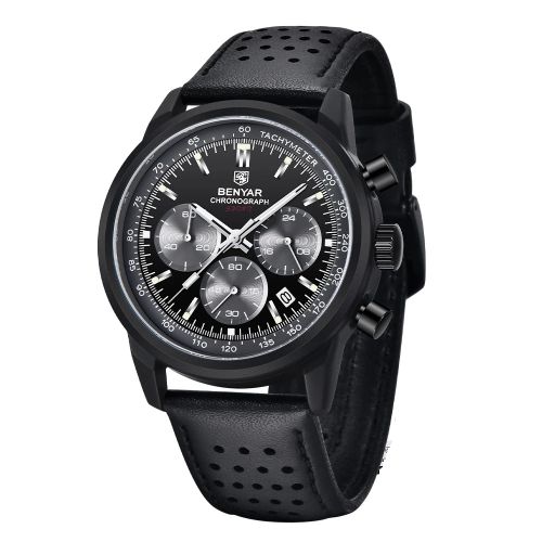 ساعة يد كوارتز باللون الأسود والبني للرجال كرونوغراف مقاومة للماء