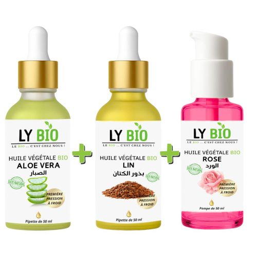 PACK HUILE ALOE VERA 50ml - PIPETTE HUILE LIN 50ML - PIPETTE HUILE ROSE 50ml - POMPE