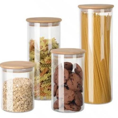 Distributeur d’épices en verre avec couvercle en bambou, 4 Bocaux alimentaires