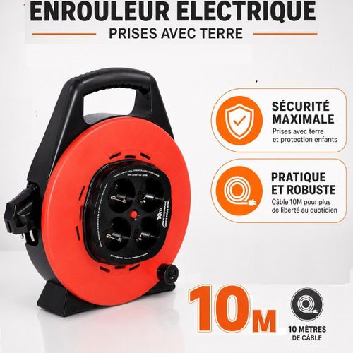 Enrouleur Électrique 10 m 4 Prises avec Terre – Rallonge Électrique Portable pour Maison et Atelier