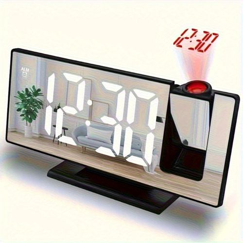 Réveil de bureau à projection LED rotatif à 180° avec fonction Snooze, affichage de la température, conception à miroir alimentée pour chambre ou salon