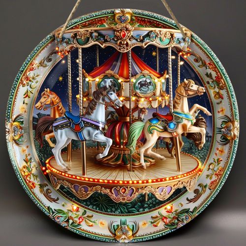 Plaque Décorative Ronde en Bois à Thème de Carrousel, Imprimé Plat 2D, 1 pièce, Convient pour la Décoration de Bar, Cuisine, Café, Maison, Salon, Bureau, Fête, Cadeau Festif, Dimensions : 20.32x20.32 cm