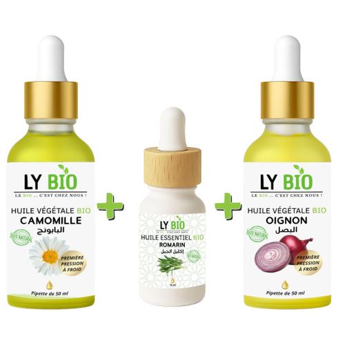PACK HUILE CAMOMILLE 50ML - PIPETTE + HUILE ESSENTIEL ROMARIN 10ML + HUILE OIGNON 50ML - PIPETTE
