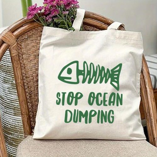 Sac fourre-tout en toile avec impression Arrêtez de jeter dans l'océan, grande capacité, durable, sans fermeture, pour les achats, le pique-nique, les fêtes, les voyages - Design esthétique de la Terre, style simple et tendance