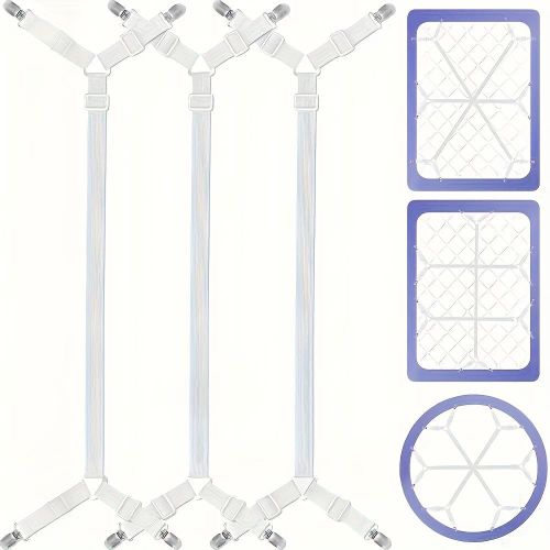 Support de drap (Blanc) housse de lit réglable avec 12 pinces (Six Côtés) à suspendeurs croisés élastiques réglables, antidérapant, Facile à Utiliser, lavage à la main uniquement (B)