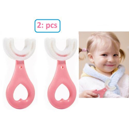 أفضل عدد 2 فرشاة أسنان للأطفال على شكل حرف U لونها وردي مصنوعة من السيليكون