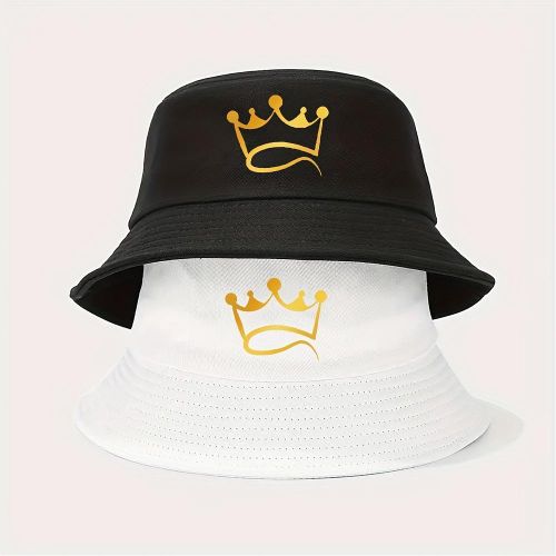 قبعتان دلو بتاج ذهبي للرجال والنساء - قبعات شمسية بحافة عريضة مع شعار تاج ذهبي، قابلة للطي، خفيفة الوزن، لكل المواسم، صيد في الهواء الطلق، تنزه، غطاء رأس متين، إكسسوار موضة عصري، إكسسوار شاطئ، سفر - قبعات