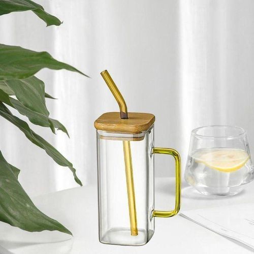Tasse en Verre 400ml avec Couvercles et Pailles Poignée Verres à Boire,Tasse à café, glacé, jus, soda, boissons, couleur Jaune.