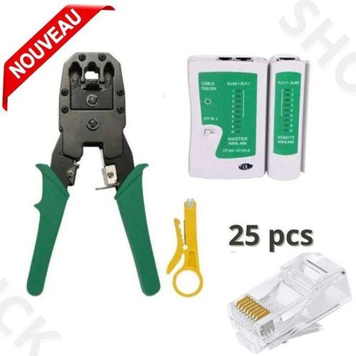 Pince à sertir Professionnel Câble Réseau S LAN Téléphone RJ45 RJ12 RJ11 + Testeur + 25 connecteurs RJ45 Cat6 Cat5