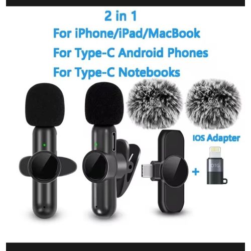 Microphone Sans Fil 2 en 1 Type-C et iOS – Son Clair/ميكروفونيين اثنان2لاسلكيين للموبايل مع عازل رياح – صوت واضح للتصوير والبث المباشر