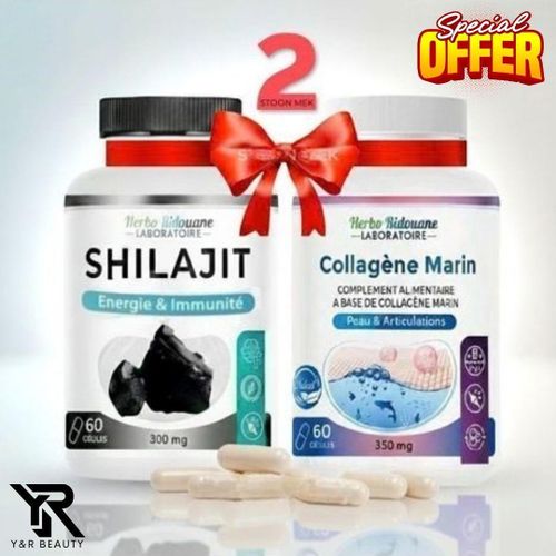 Pack x2 Shilajit & Collagéne Marin - Capsules de Shilajit - Supplément himalayen, d'acide fulvique - 300mg par portion pour la force, Augmente l'énergie : Réduit la fatigue et améliore la vitalité- 120 Gélules.