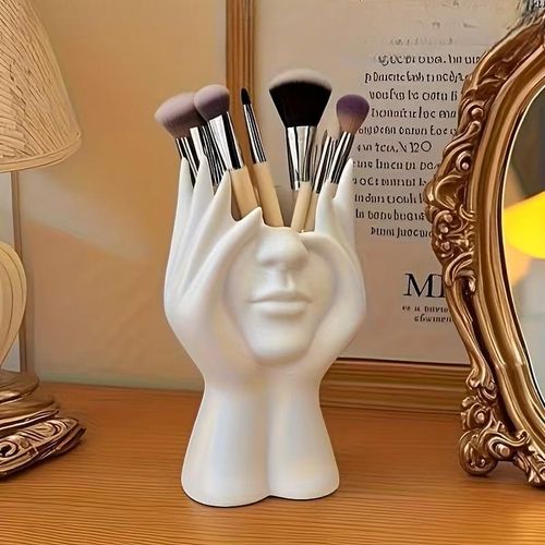 Vase Décoratif Visage avec Mains – Pot à Pinceaux & Fleurs Moderne en Résine – Design Artistique Minimaliste