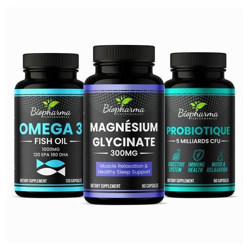 حزمة الرفاهية الكاملة - جليسينات المغنيسيوم 300 ملغ 90 كبسولة، أوميغا 3 1000 ملغ 120 كبسولة، بروبيوتيك 5 مليارات وحدة CFU 90 كبسولة